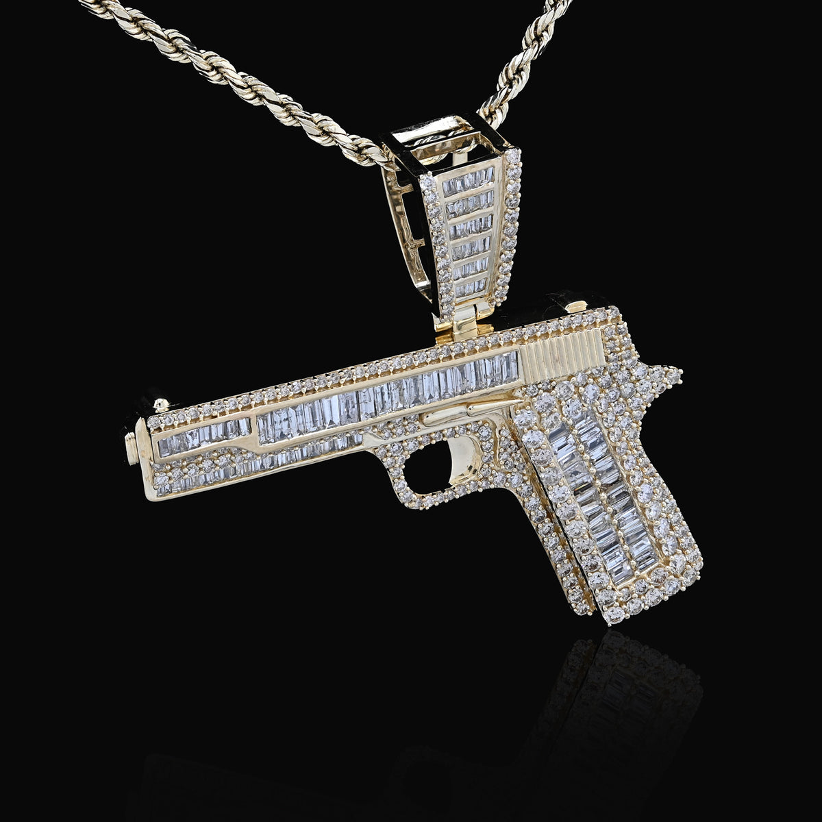 10K Yellow Gold 4.50 CT Natural Diamond Round/Baguette Gun Pendant Mens Charm 12.3g — view 6