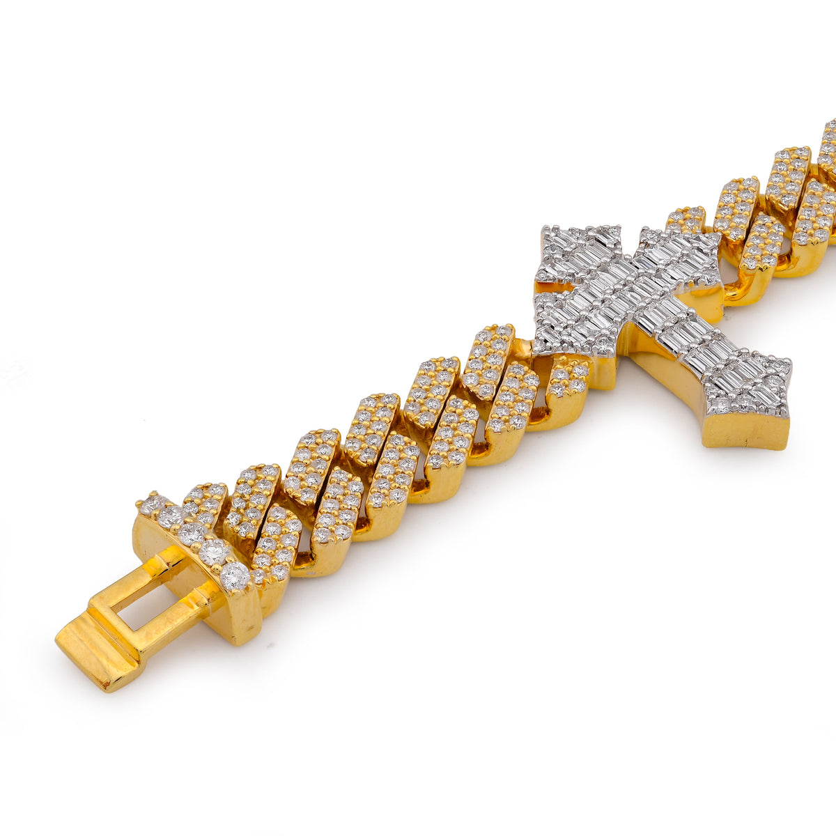 Prong Set Cuban Cross Link Natural Diamond Baguette/Round 5.49CT 10K Gold Bracelet 8" — view 3