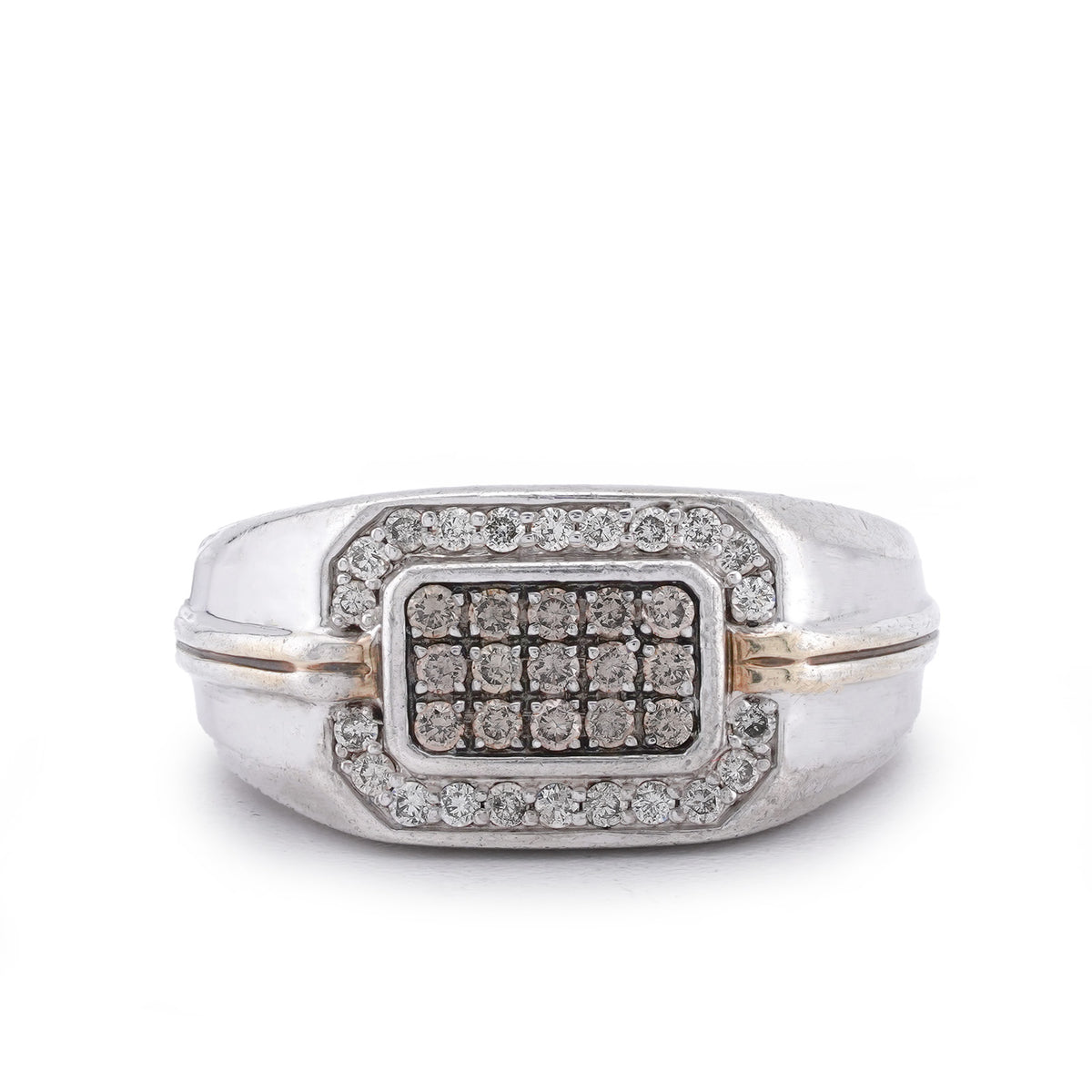 Rectangular Cluster Two Tone 0.7CT Natural Diamond 925 Silver Men Ring
