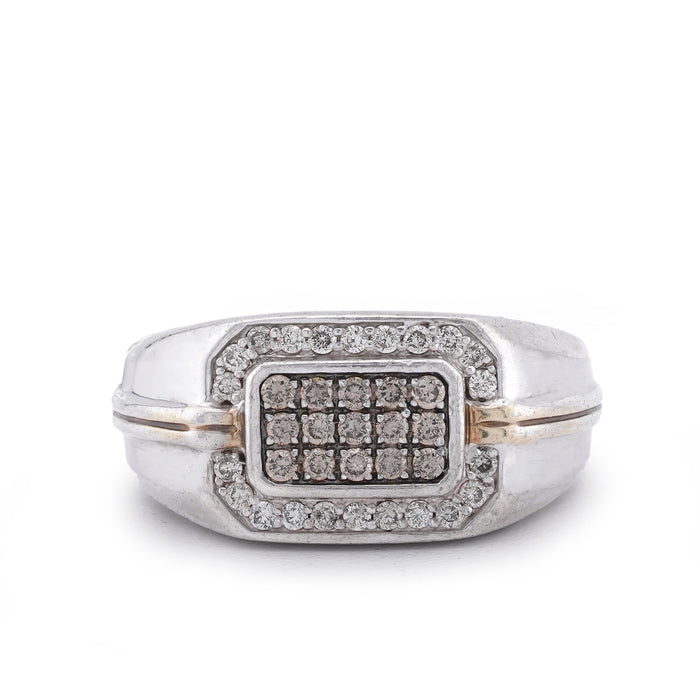 Rectangular Cluster Two Tone 0.7CT Natural Diamond 925 Silver Men Ring