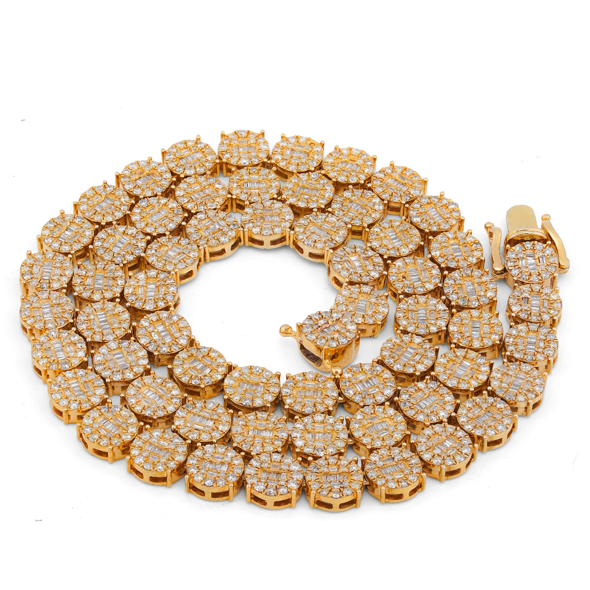 10K Yellow Gold 20CT Natural Round/Baguette Diamond 8MM Flower Cluster Tennis Chain — view 9