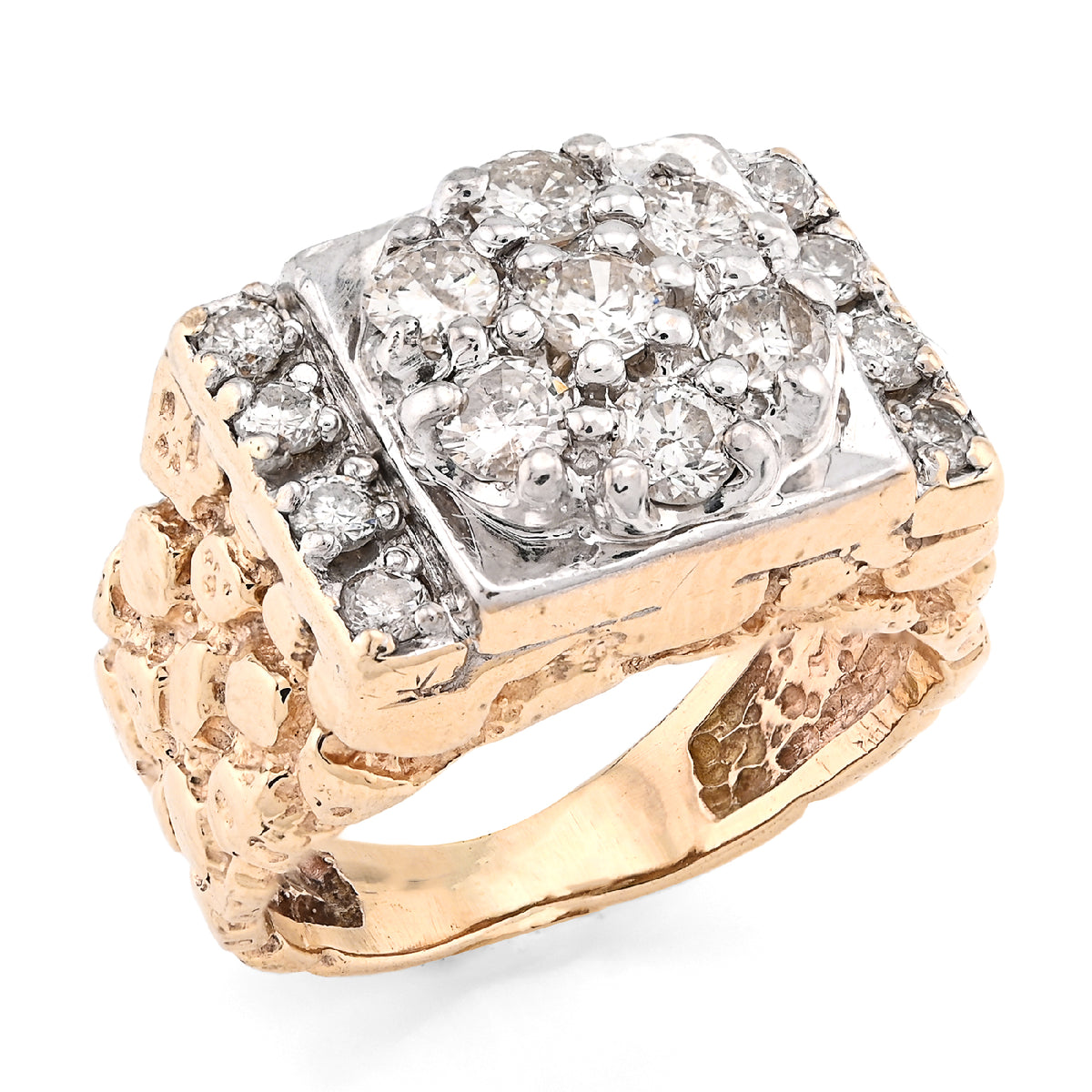 10K Yellow Gold Flower Cluster Centre Rectangular 1.62CT Natural Diamond Nugget Men Ring — view 3
