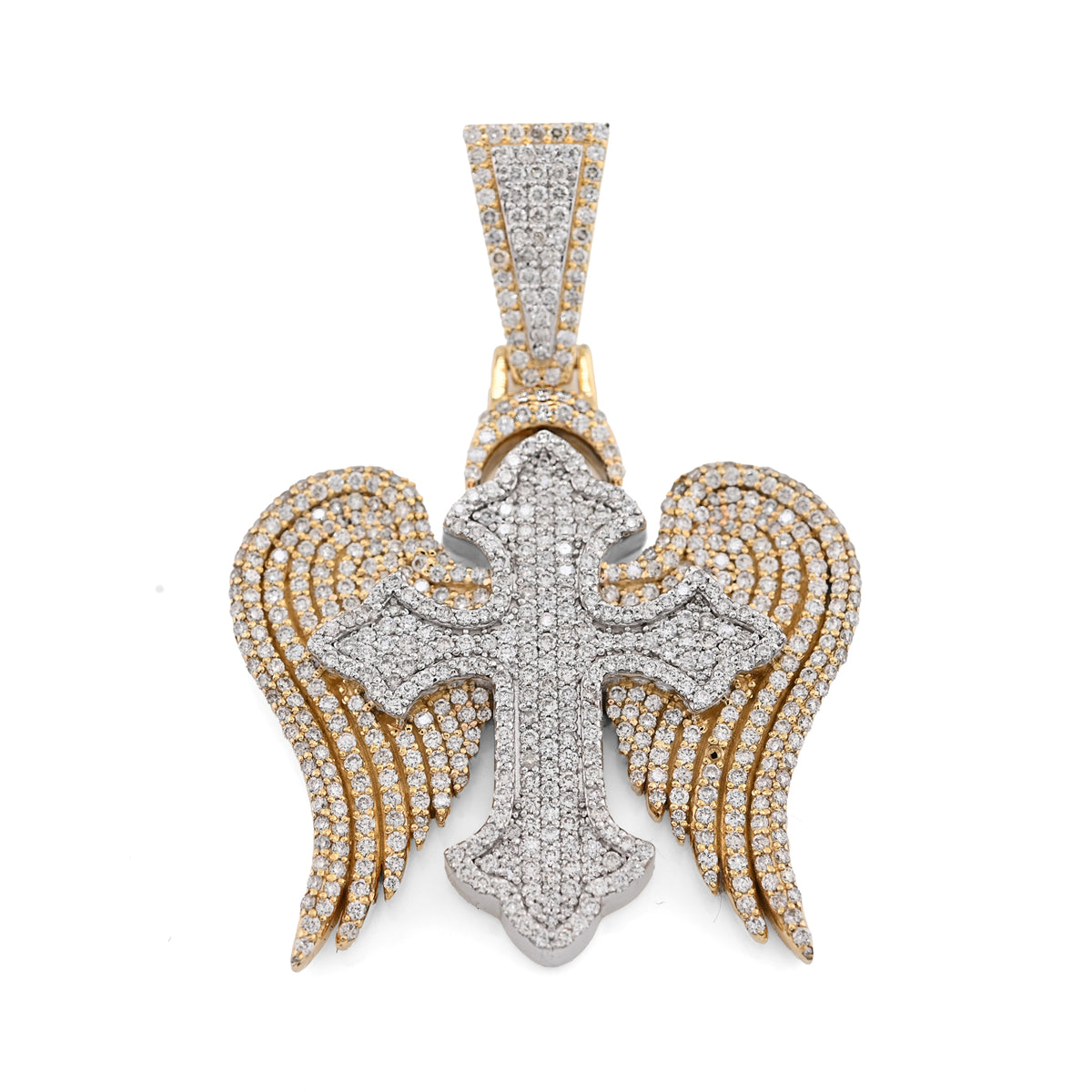 10K Yellow & WHite Gold 2 Tone 4.3CT Natural Diamond 3D angelic wing Cross 2.25" Men Women Charm — view 2
