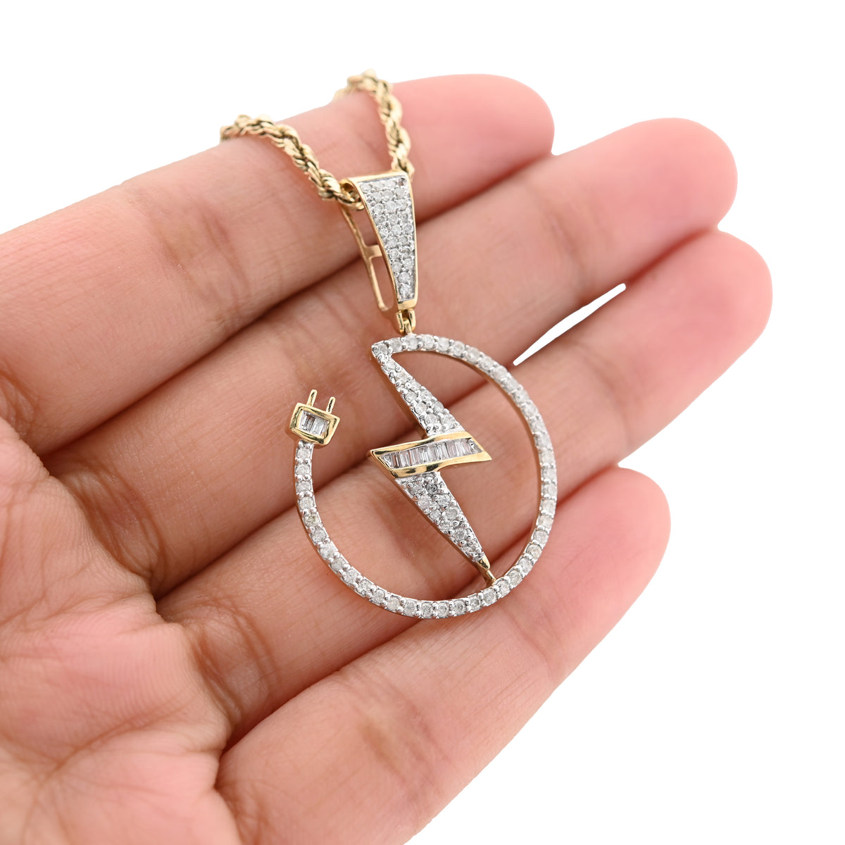 10K Yellow Gold 0.75CT Natural Diamond "Electric Plug" Shock sign Men Women 1.58" Pendant — view 3