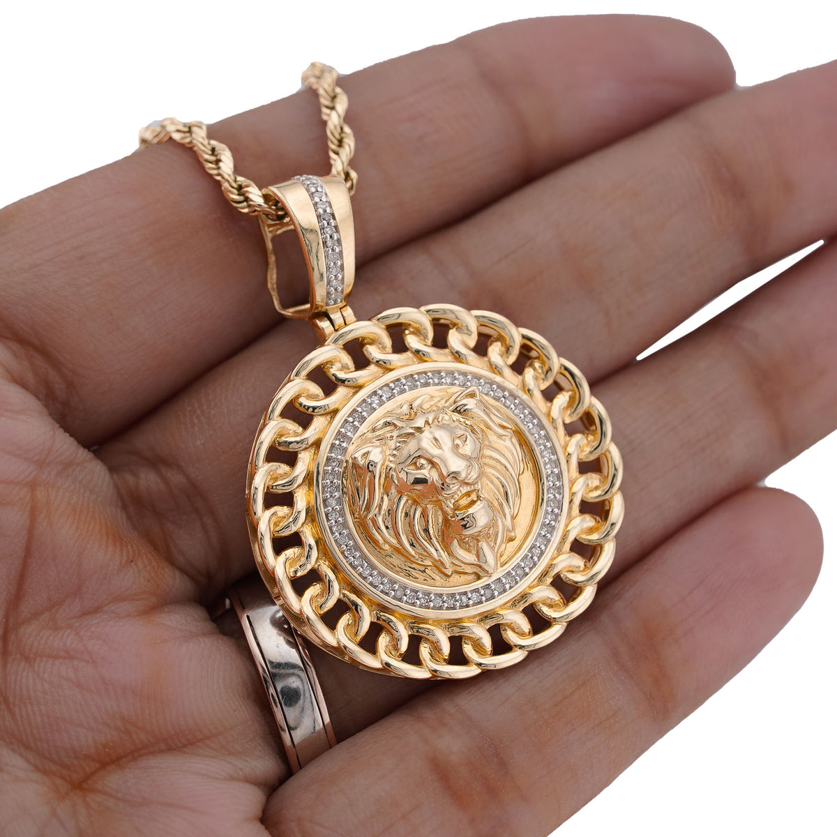 10K Yellow Gold 0.5CT Natural Diamond Lion with Cuban Link Round Charm Men Pendant — view 6