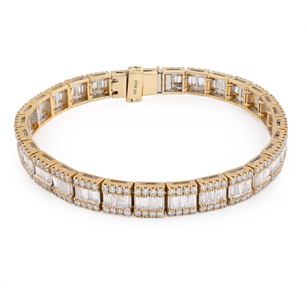 10K Yellow Gold 7.50CT Natural Diamond Round/Baguette Rectangular Link Bracelet 7.8MM 8" Men Women 30.2g — view 1