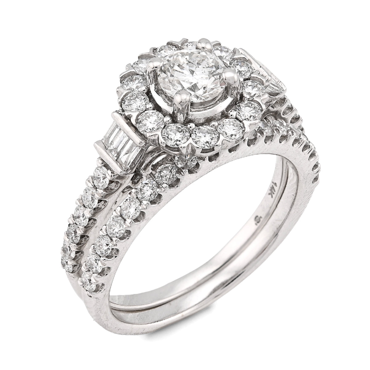 14K White Gold Solitaire/Baguette 1.50CT Natural Diamond Flower Women Wedding Ring — view 7