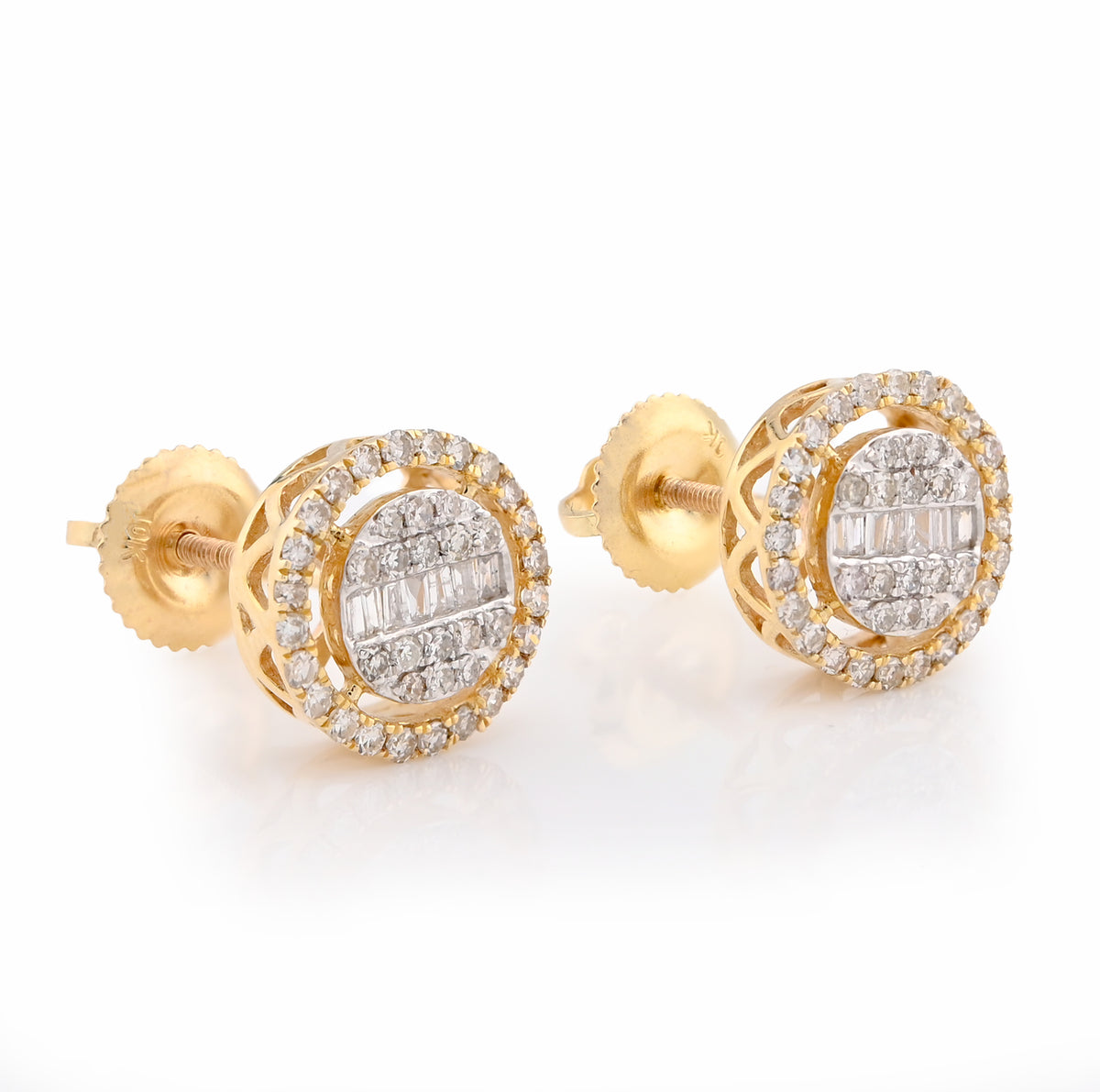 10K Yellow Gold 0.50CT Round/Baguette Natural Diamond Round Halo Shape Studs Men Women Earrings — view 2