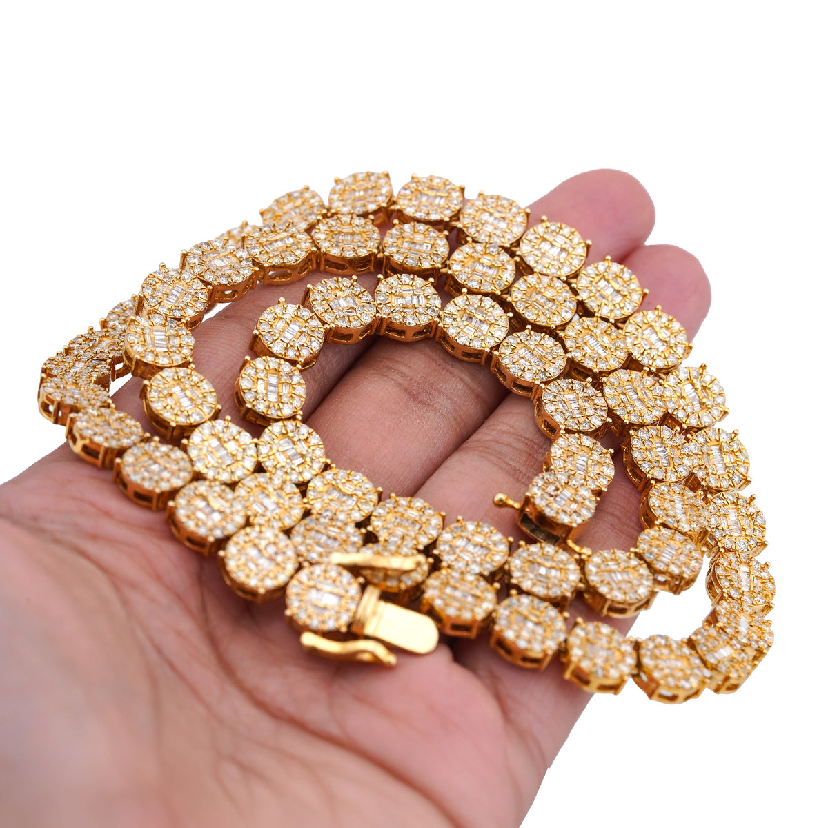 10K Yellow Gold 20CT Natural Round/Baguette Diamond 8MM Flower Cluster Tennis Chain — view 3