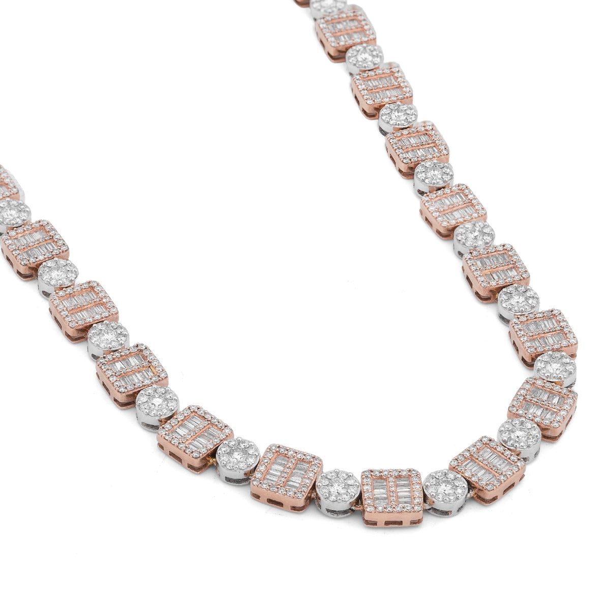 10K Rose/White Gold Square Round Link Natural Round/Baguette Diamond Men Women Tennis Chain — view 7